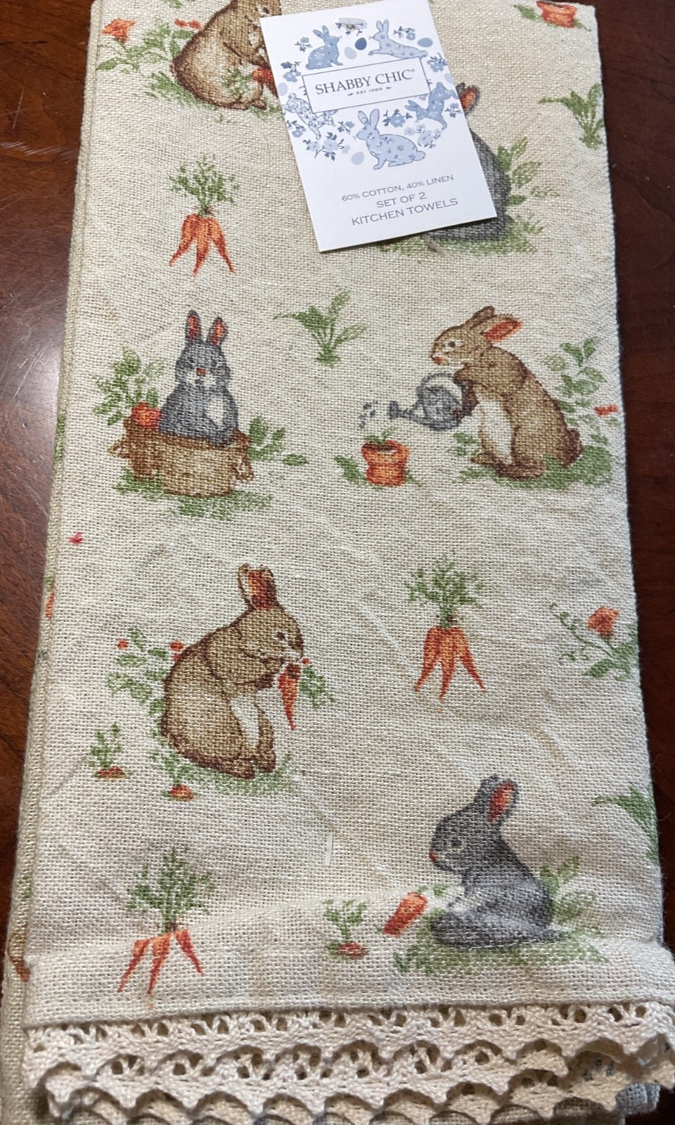 SHABBY CHIC KITCHEN TOWELS (2) BUNNY RABBITS CARROTS COTTON LINEN NWT