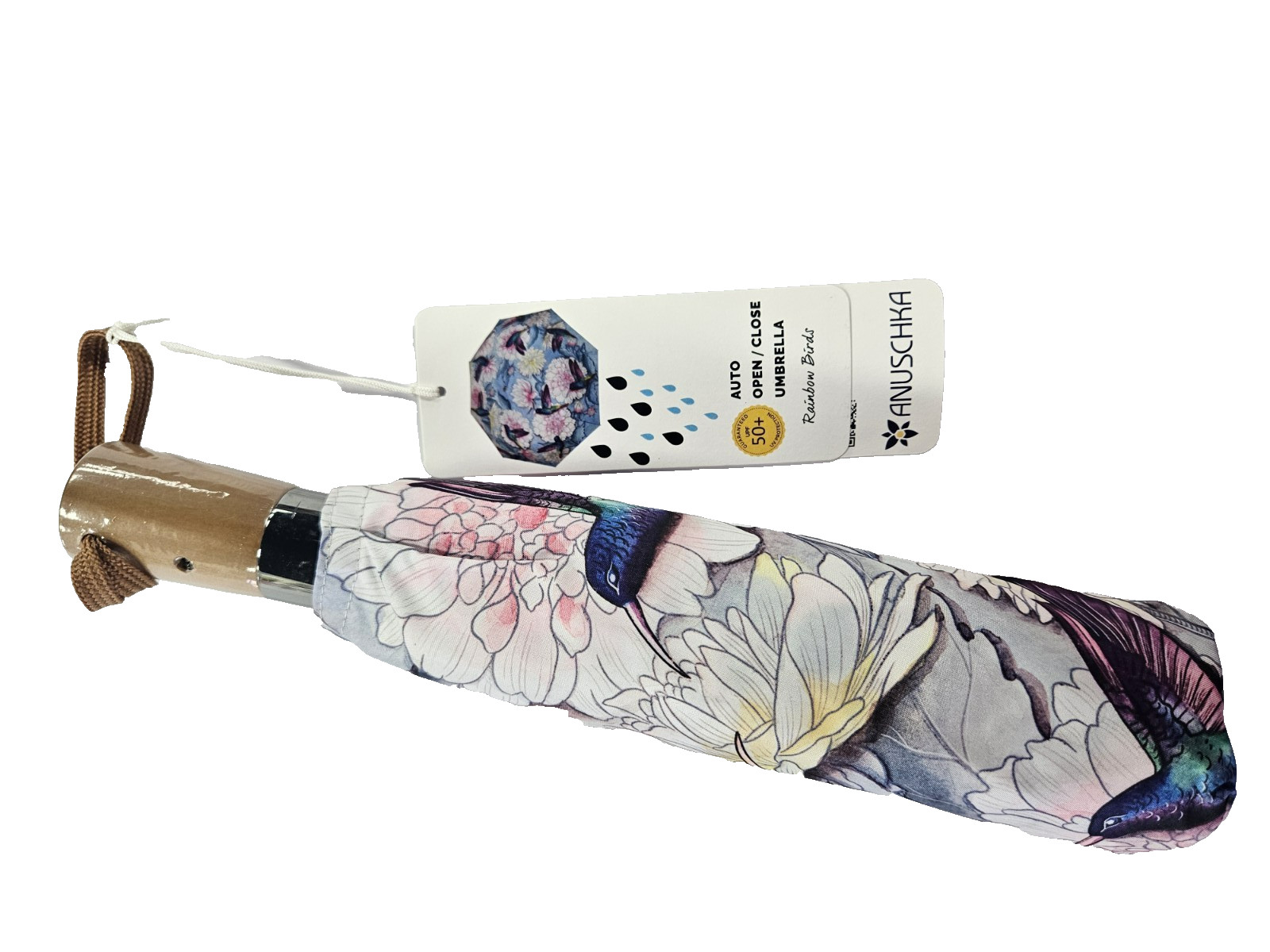 Anuschka Rainbow Birds Auto Open Close Umbrella UV 50+ Floral Bird NWT