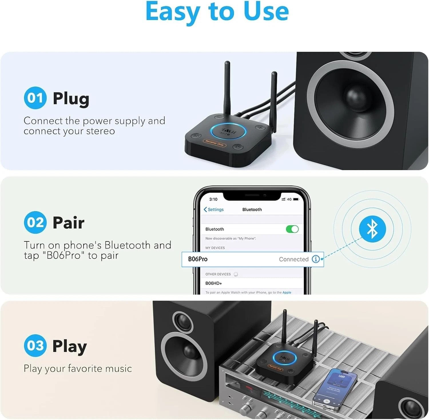 Upgraded] B06Pro Long Range Bluetooth Receiver, HiFi Wireless Audio Adapter, ...