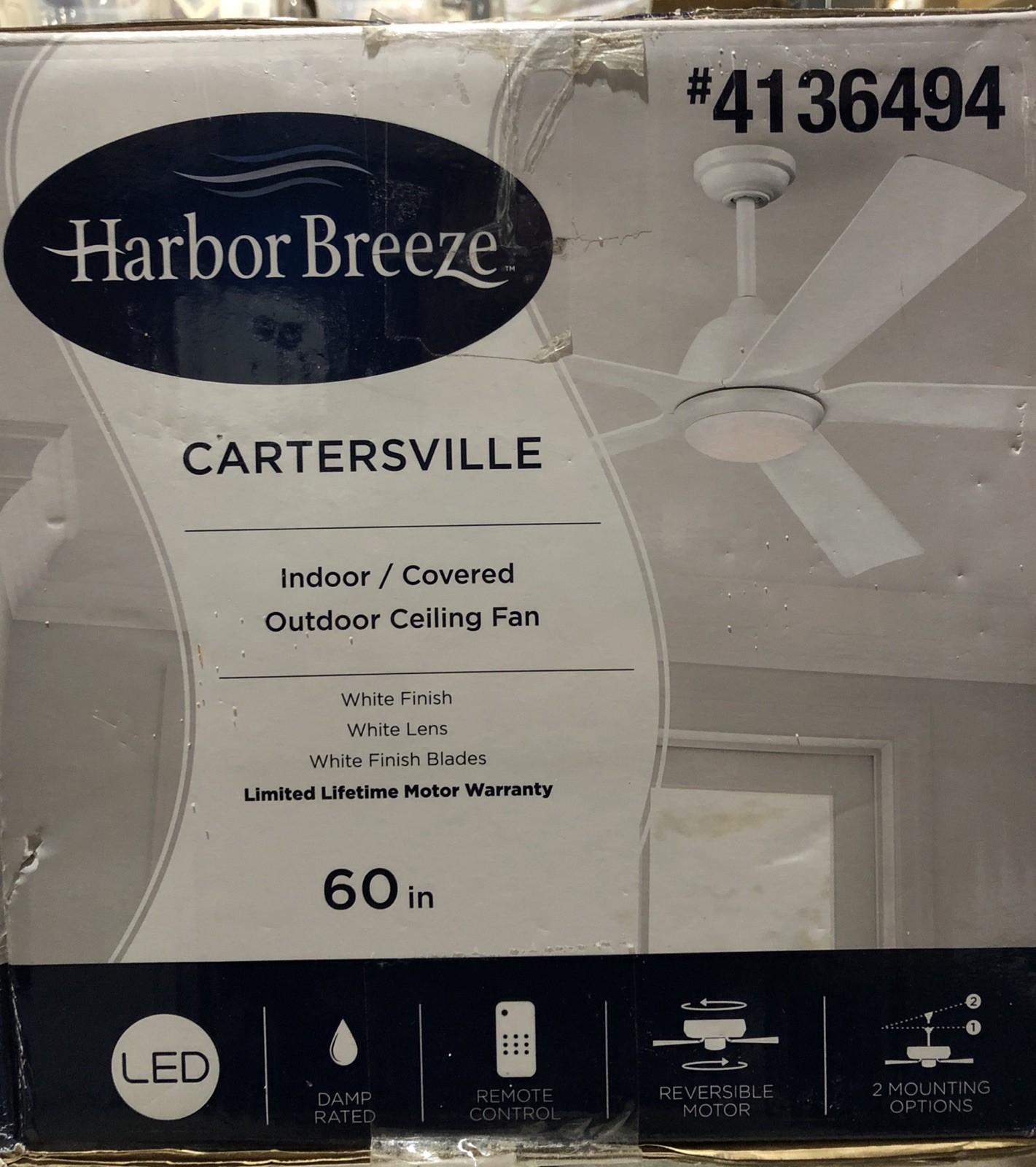 Harbor Breeze Cartersville 60" White LED In/Outdoor Fan Light W/Remote HTD21017