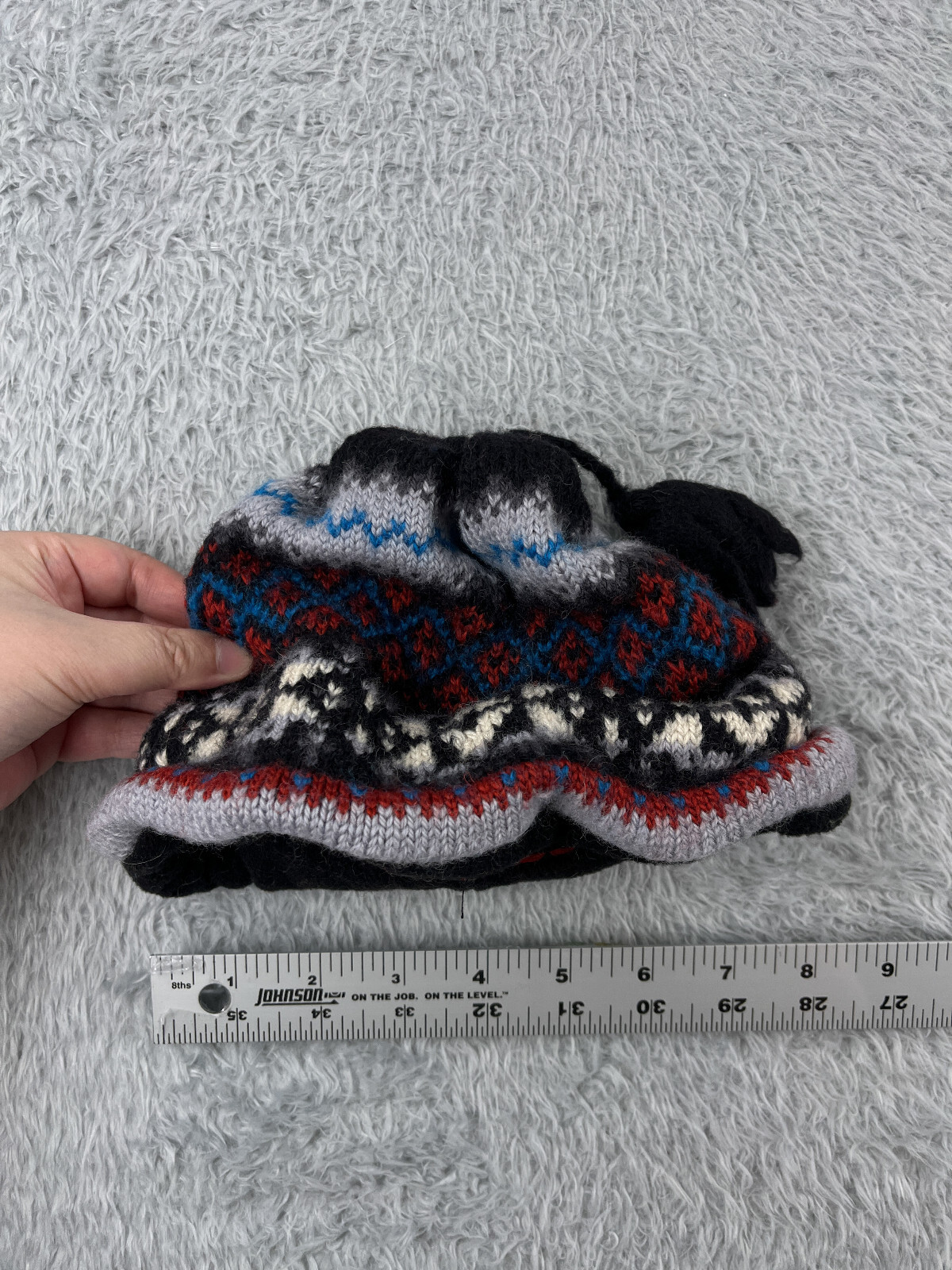 Merkley Beanie Toque Adult One Size Black Geometric Wool Poly Tassel Polartec