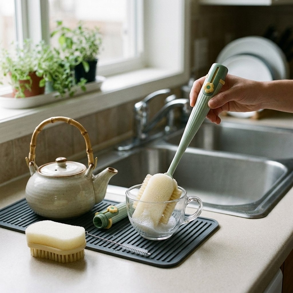 5 in 1 Portable Cup Brush - Sponge & Side Bristles with Flower Button Handle