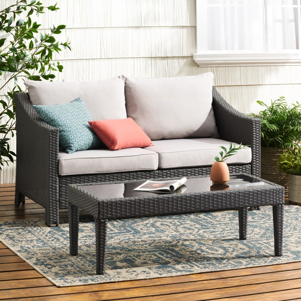 Outdoor Patio Loveseat with Glass Table & Removable Waterproof Cushions, Grey