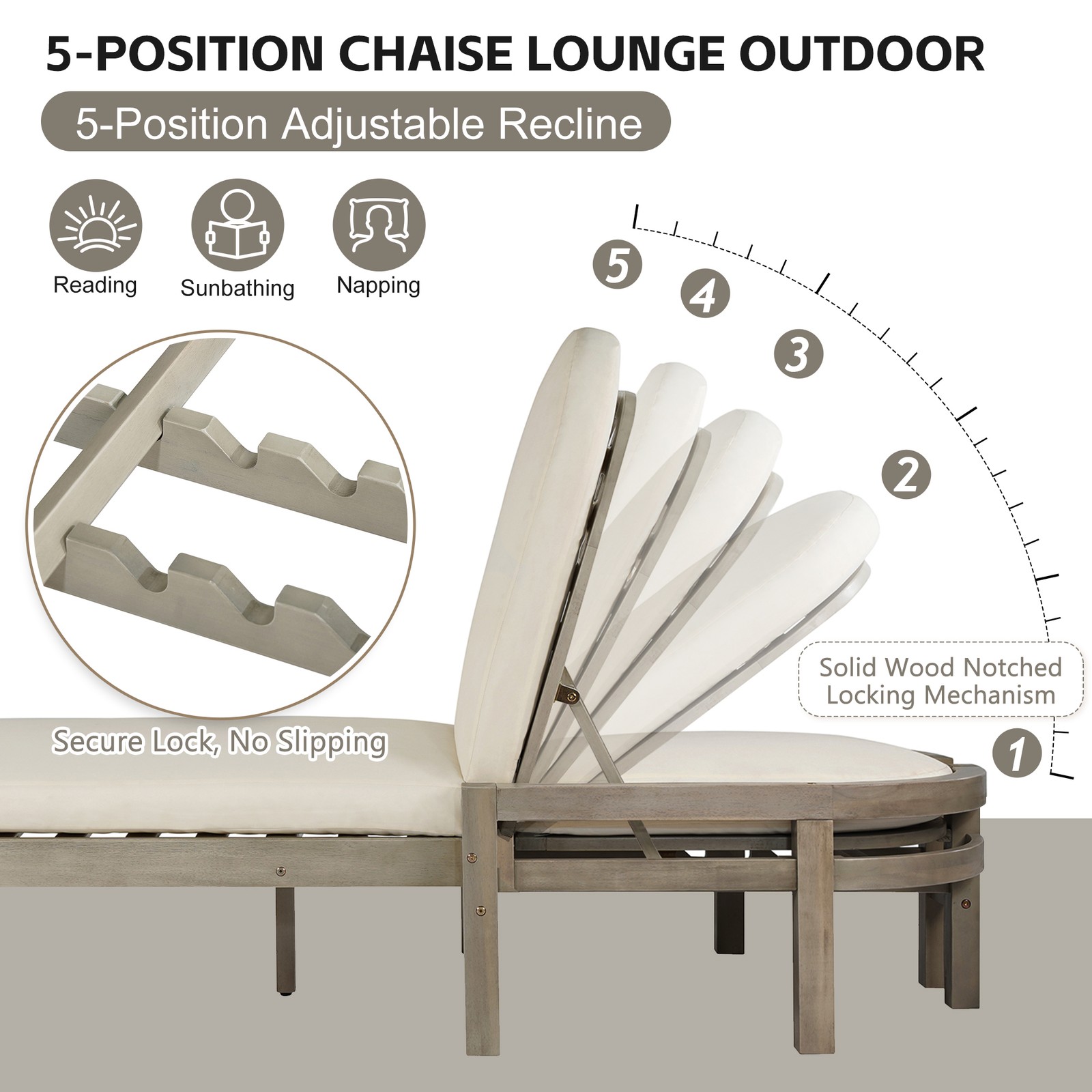 Patio Chaise Lounge Chair 2-Pack, Acacia Wood, Adjustable Backrest, Gray Cushion