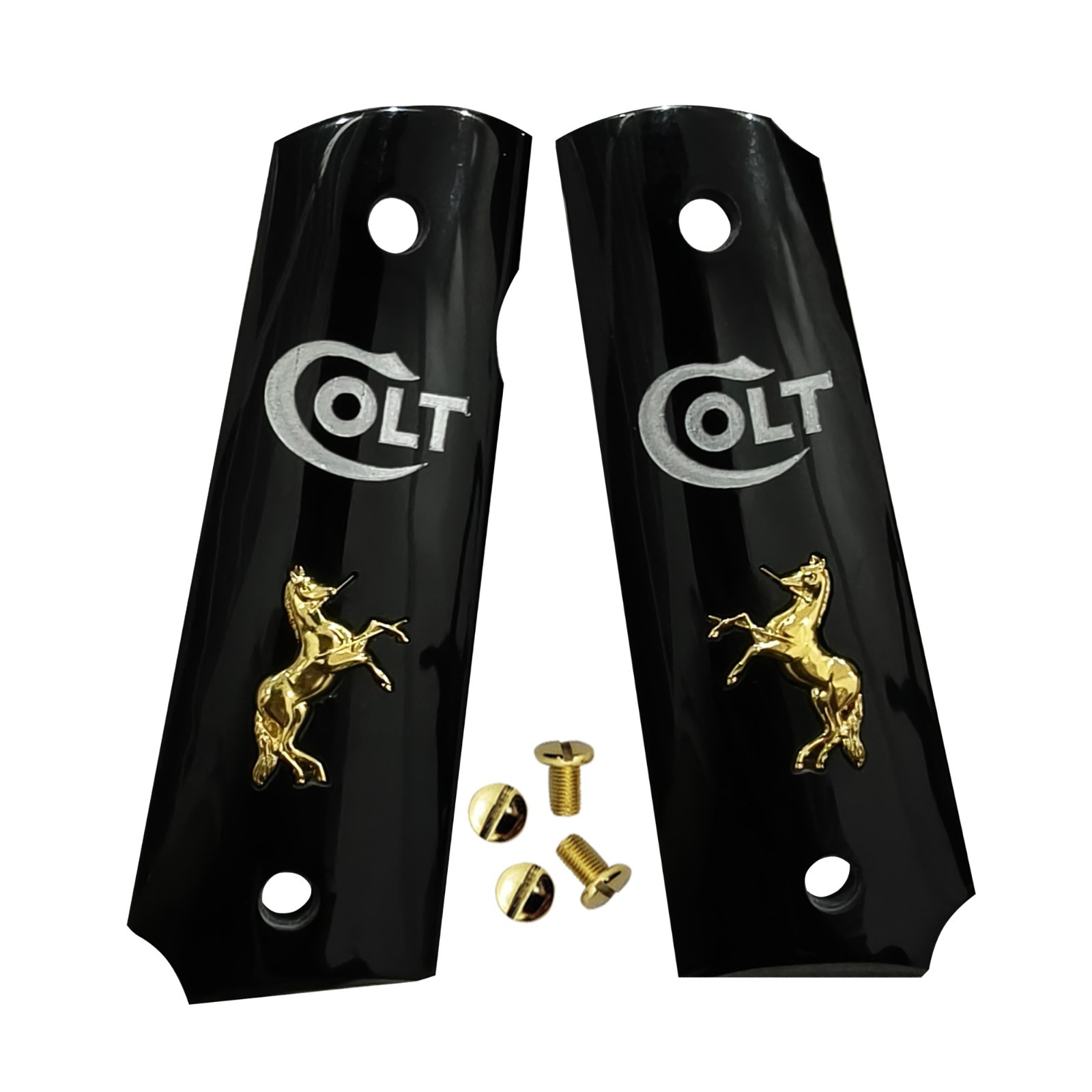 1911 GUN GRIPS FULL SIZE COLT & CLONES Gold Horse Medallion W/Screws 1911 Grips