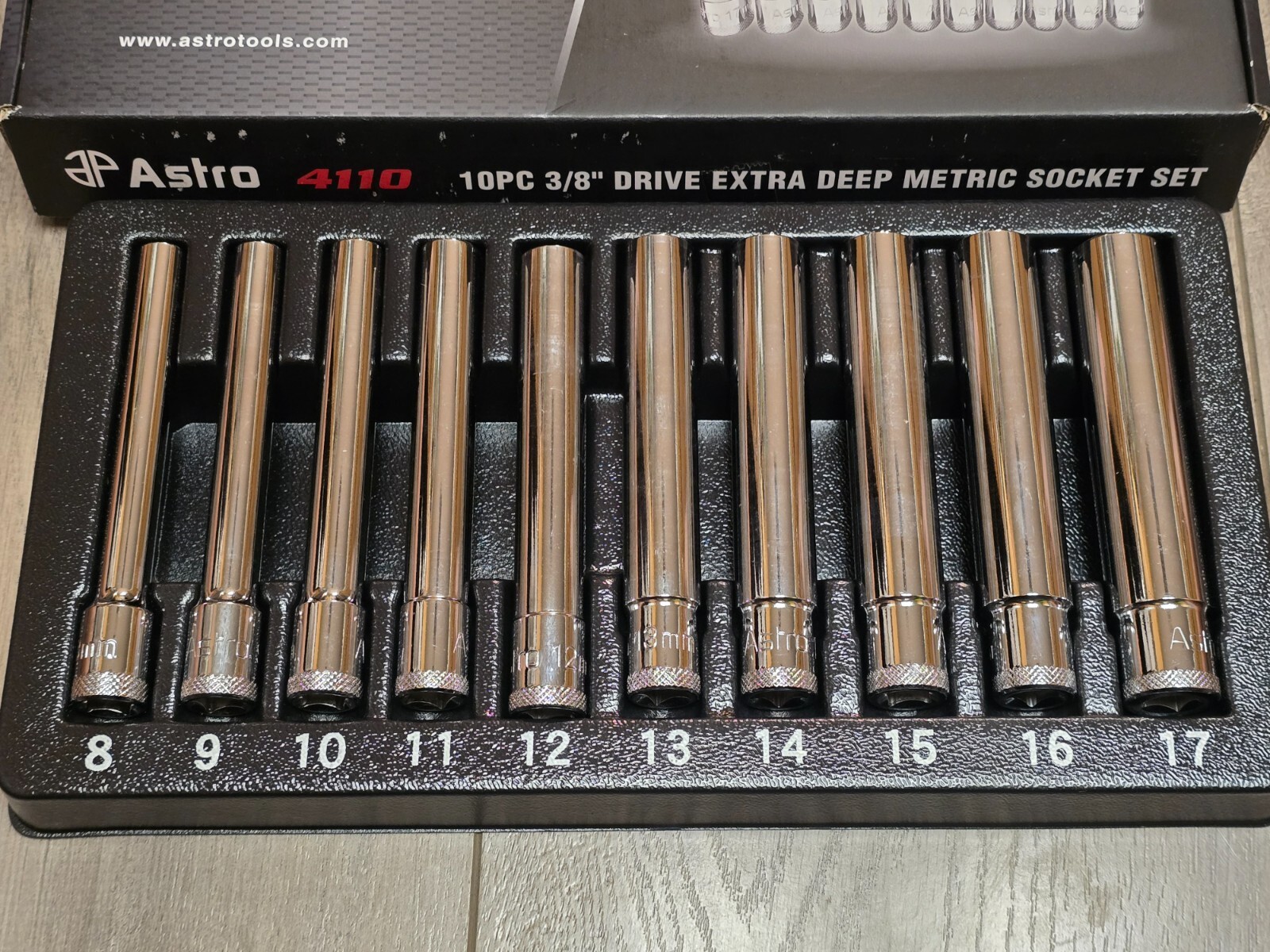 ASTRO 10pc Extra Deep (4.75" Long) Metric Socket Set 8-17mm, 3/8" drive #4110