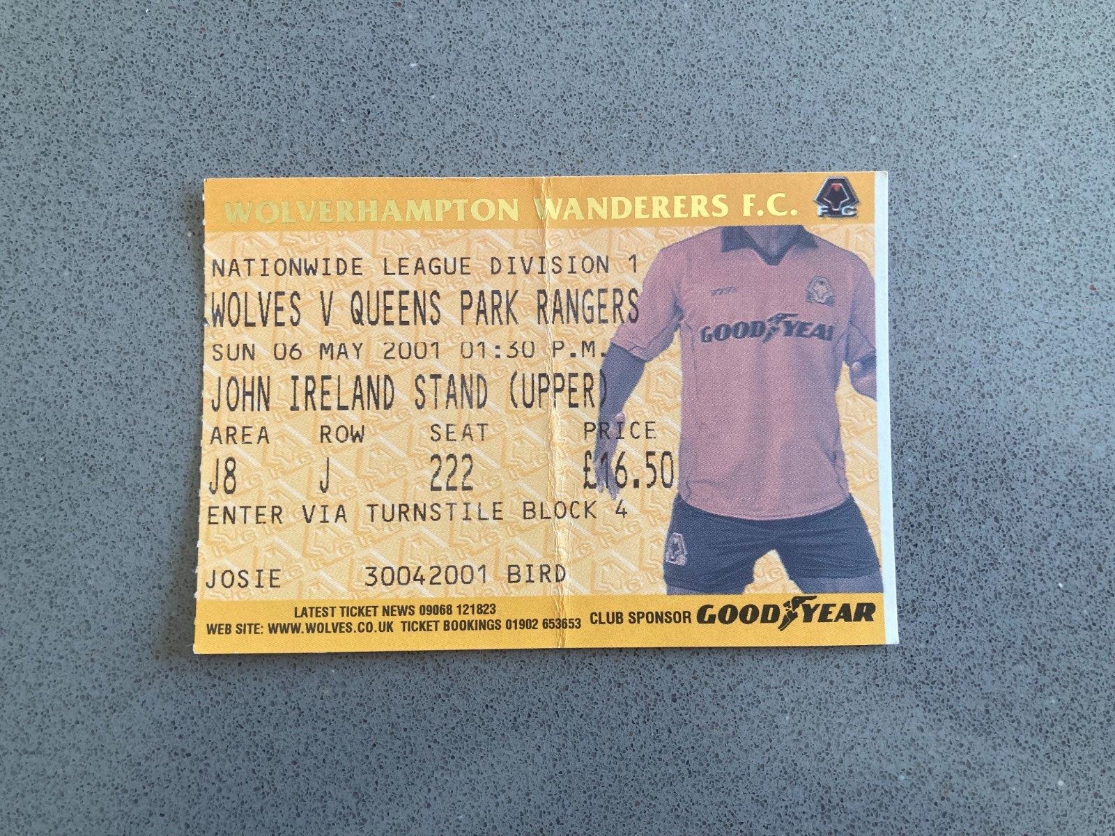 Wolverhampton Wanderers v Queens Park Rangers 2000-01 Match Ticket