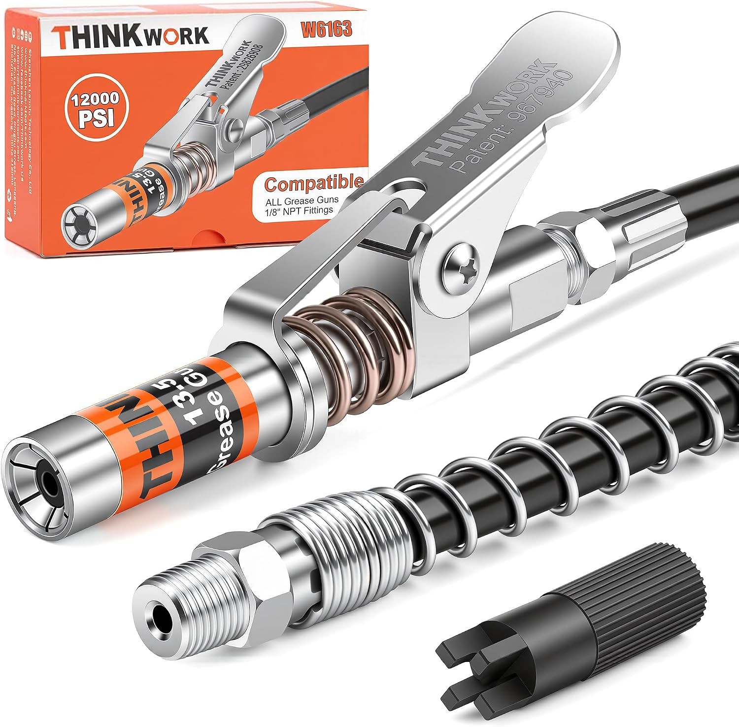 Grease Gun Coupler, Strong Lock on Greases Gun Couplers with 12" Spring Flex Hos