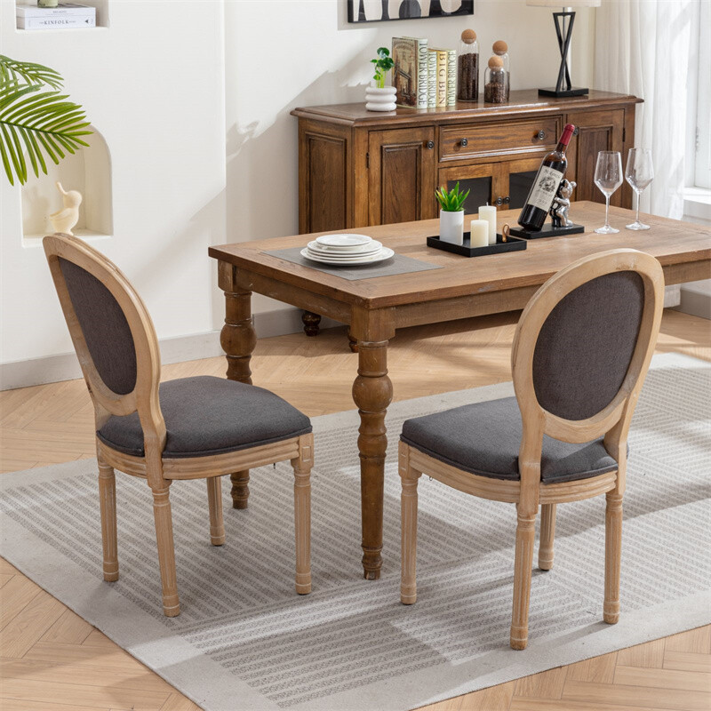 2pcs French Style Solid Wood Antique Painting Linen Fabric Back Dining Chairs