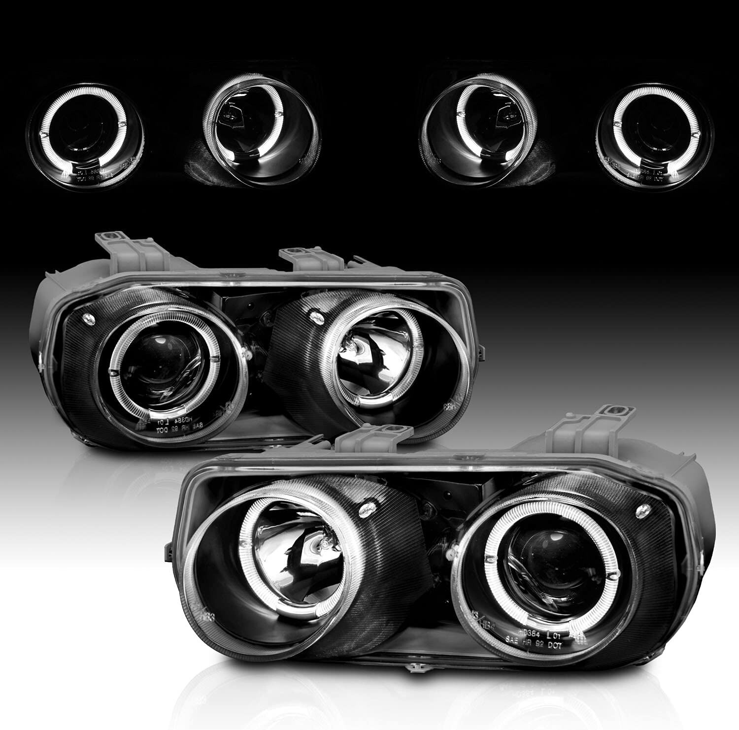 Pair Black Headlights For 1994-1997 Acura Integra Dual Halo Ring Projector Lamps