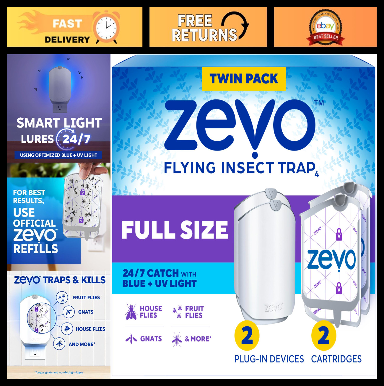 Flying Insect Trap for Fruit Flies & Gnats - 2 Bases & Refills, Odor-Free, Safe