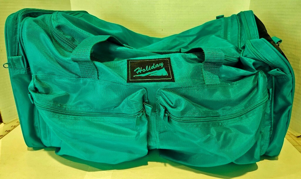 Holiday Brand Green Duffle Bag  w/ Brass Hardware ~ Pockets~ 20" x10" x 12"~NWOT