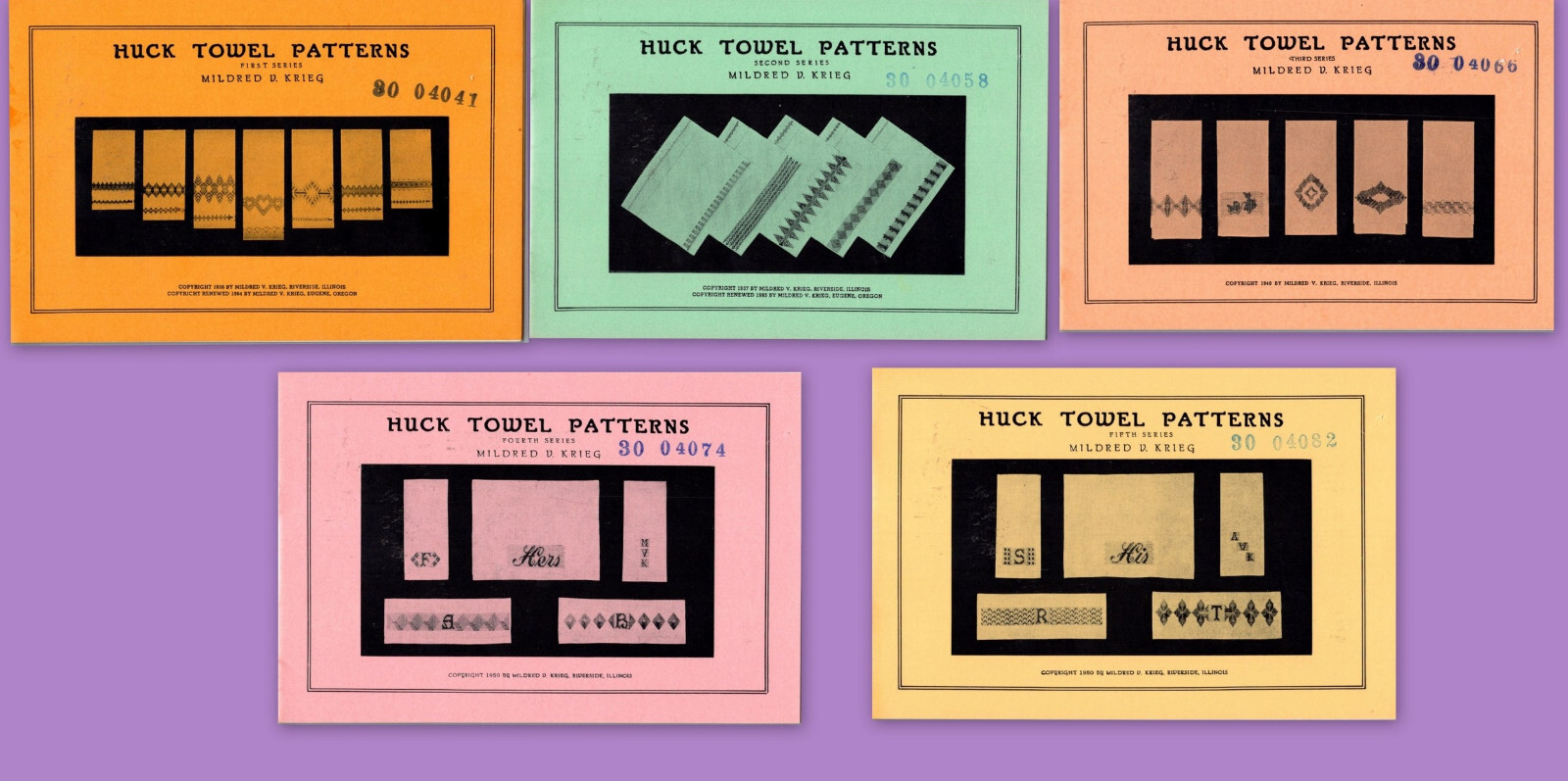 Vintage Huck Towel Patterns Weaving Embroidery Booklets Mildred Krieg Series 1-5