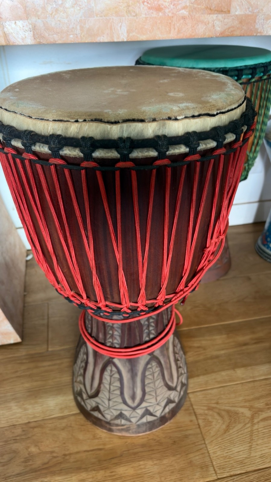 Large Red Rope-Tuned African Wood Djembe Drum Newly Installed Hide Head