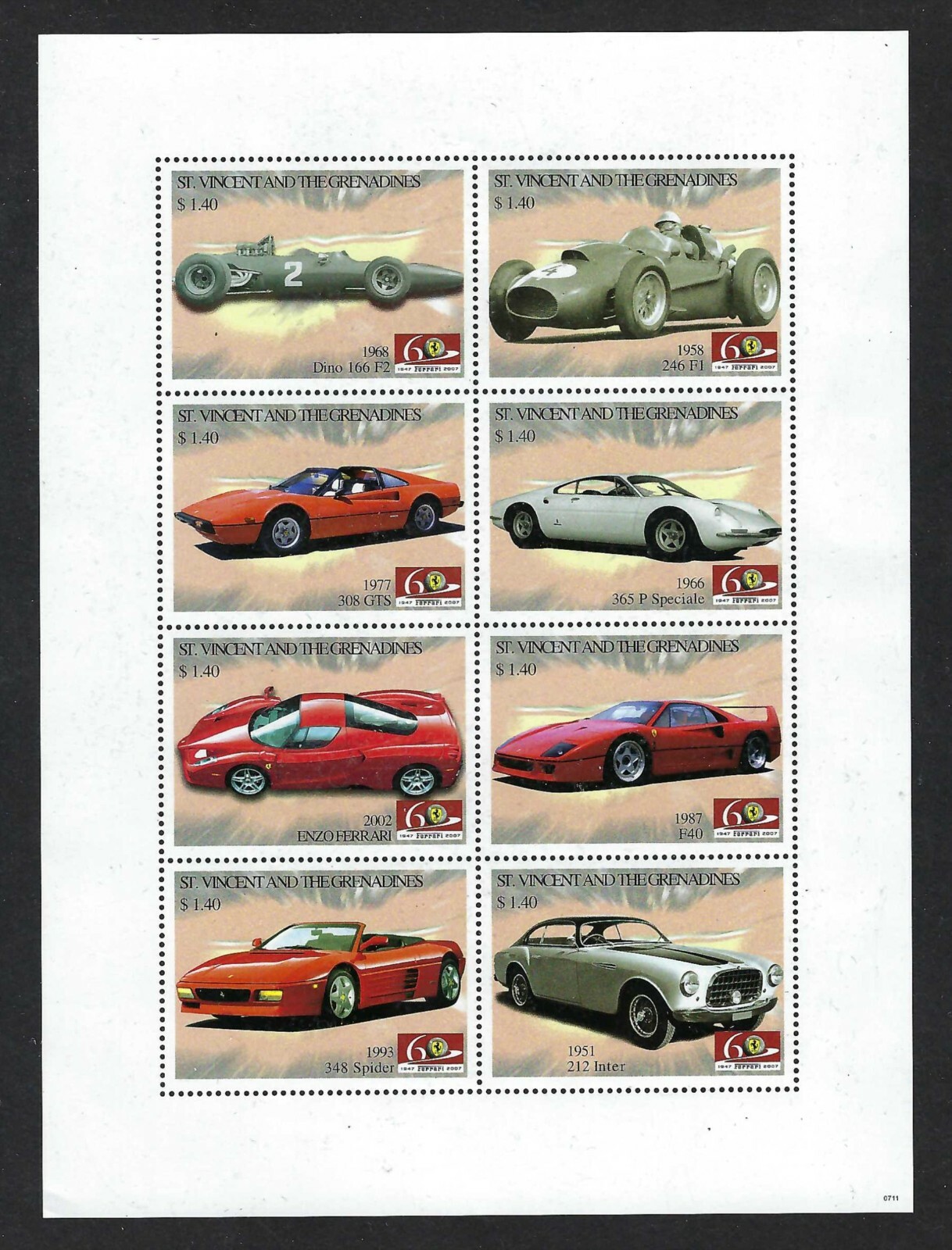St Vincent and the Grenadines - 2007 8v. Mini Sheet Ferrari Sport Cars Vehicles