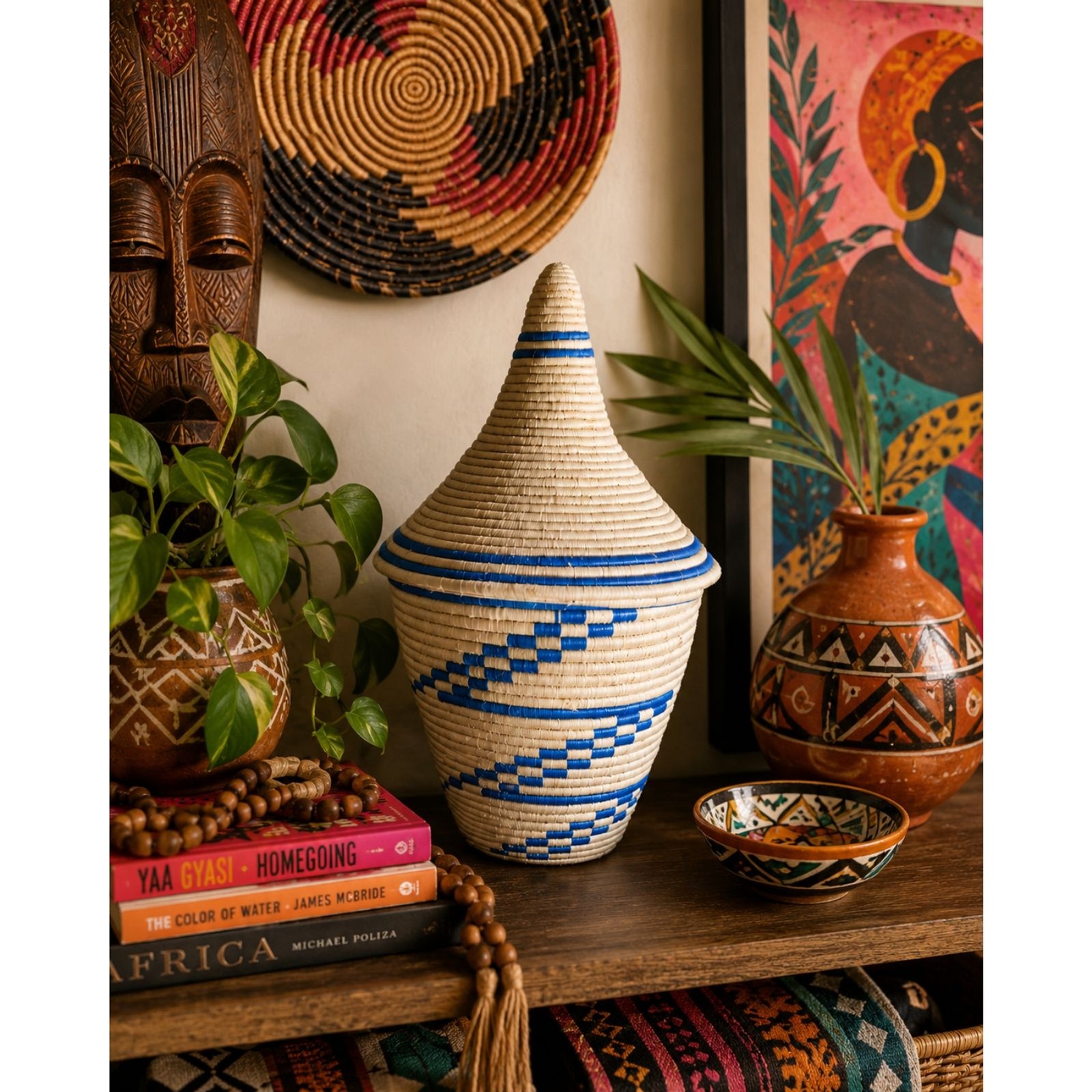 Authentic Rwandan Agaseke Peace Basket Handwoven Blue & Cream Sisal 13"x8"