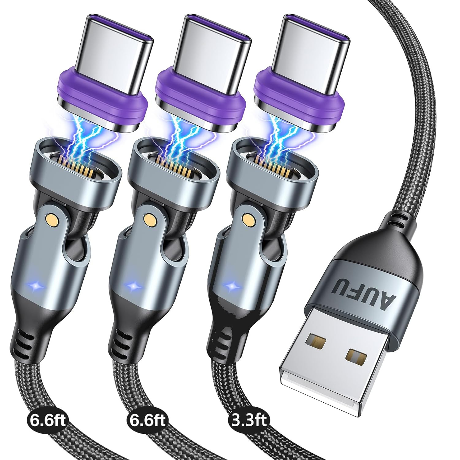 16PIN USB C Magnetic Charging Cable (3Pack, 3.3/6.6/6.6ft), 180° Rotation Magnet