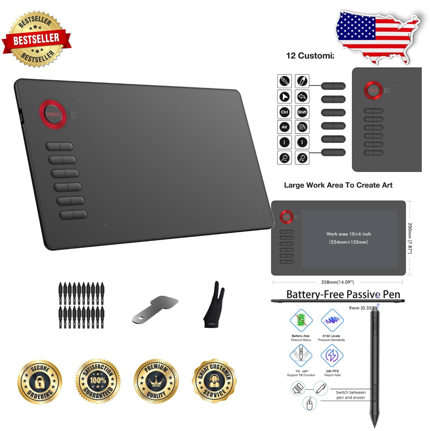 A15 Drawing Tablet Red 10x6" Wide 12 Keys Battery-Free Pen Linux/Android