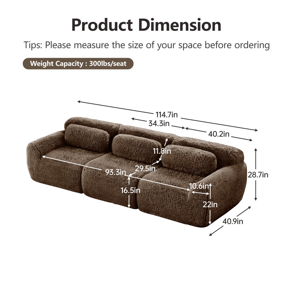 114'' Plush Modular Sectional Sofa w/Ottoman & Pillows - Chocolate