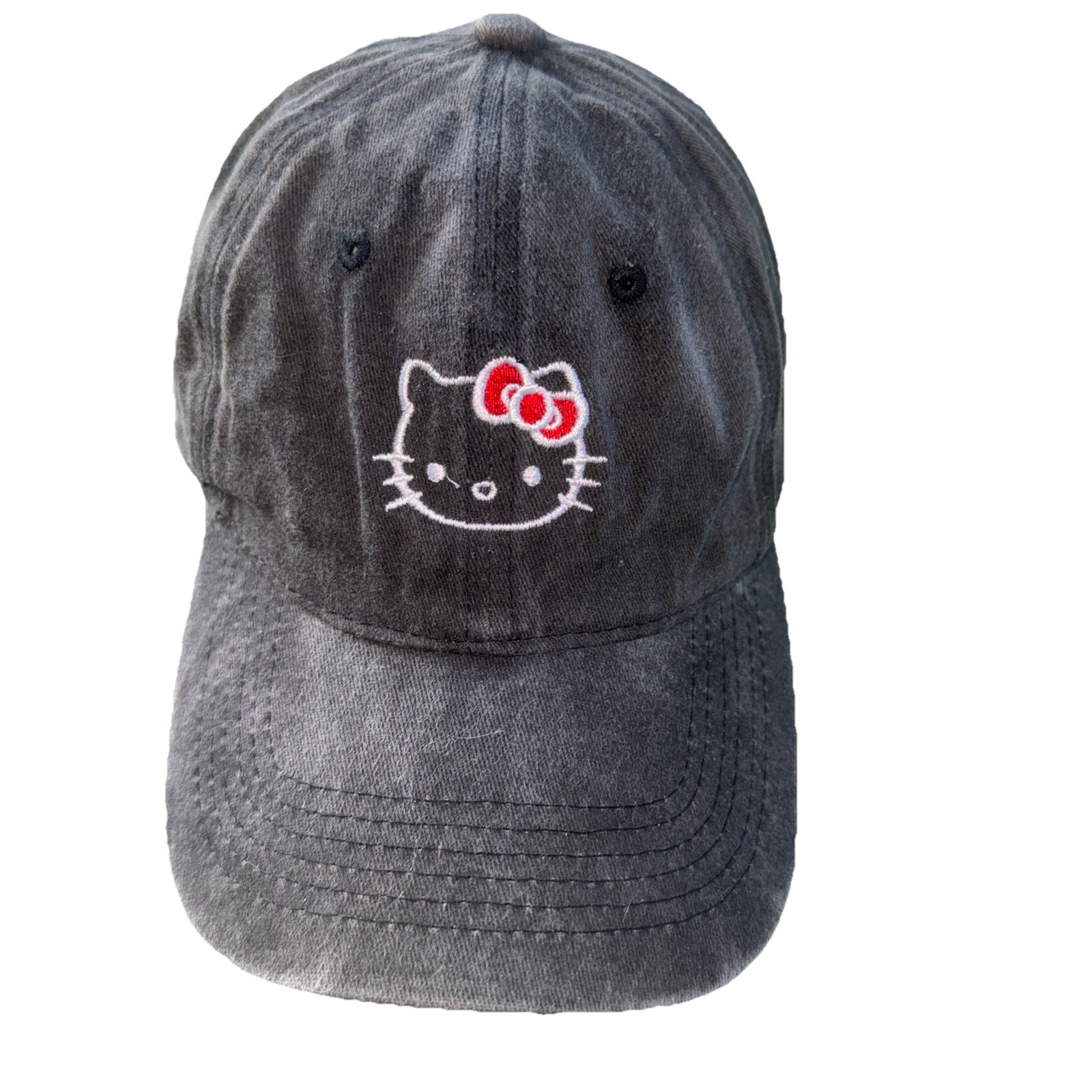 Strawberry Shortcake Cat w Red Bow in White on Black Washed Out Hat Cap Cotton