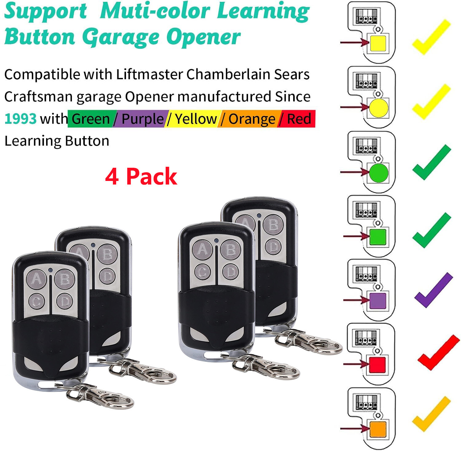 4pack For Liftmaster Chamberlain Garage Door Opener Remote 891LM 893LM Keychain