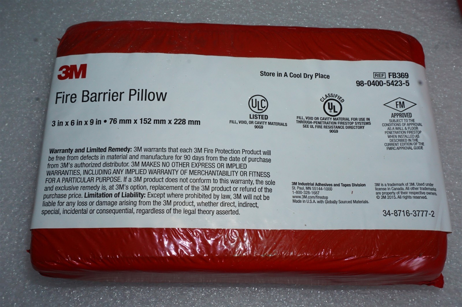 3M Fire Barrier Pillows FB369 Large 3" x 6" x 9" New, 8 Available