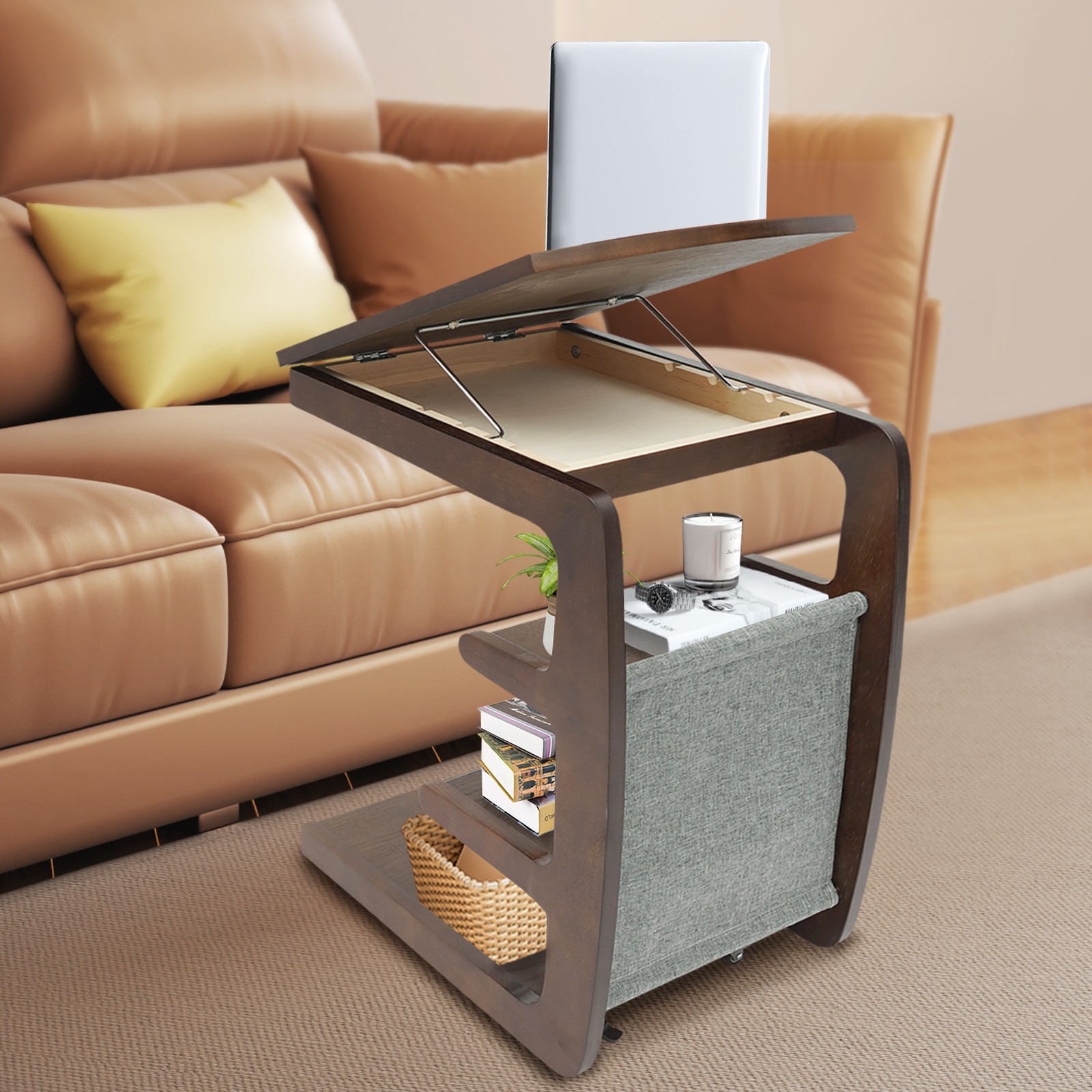 C-Shaped End Table 4-Tier Wooden Side Table Laptop Tray Coffee Table Couch Table