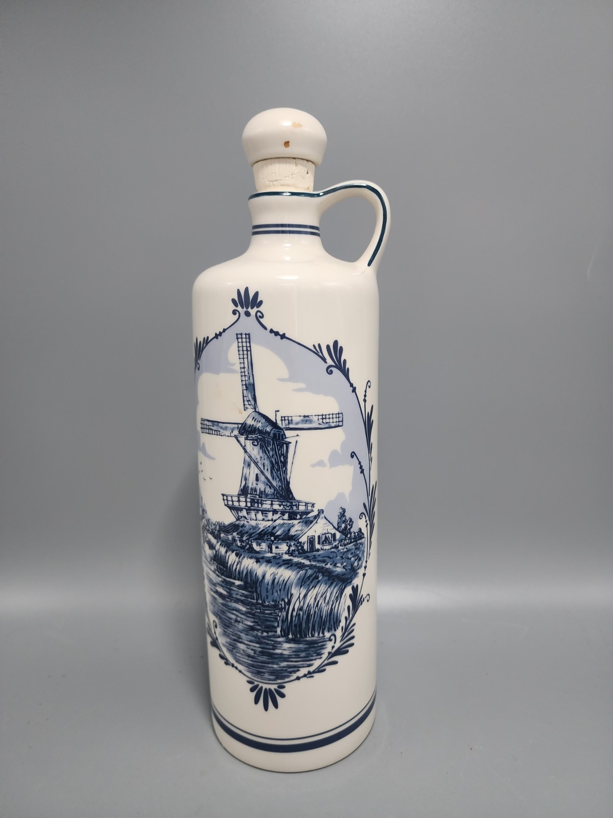 Vntg Porcelain BOLS Delft Blue Corked Tall Jug Bottle - Holland Windmill Design
