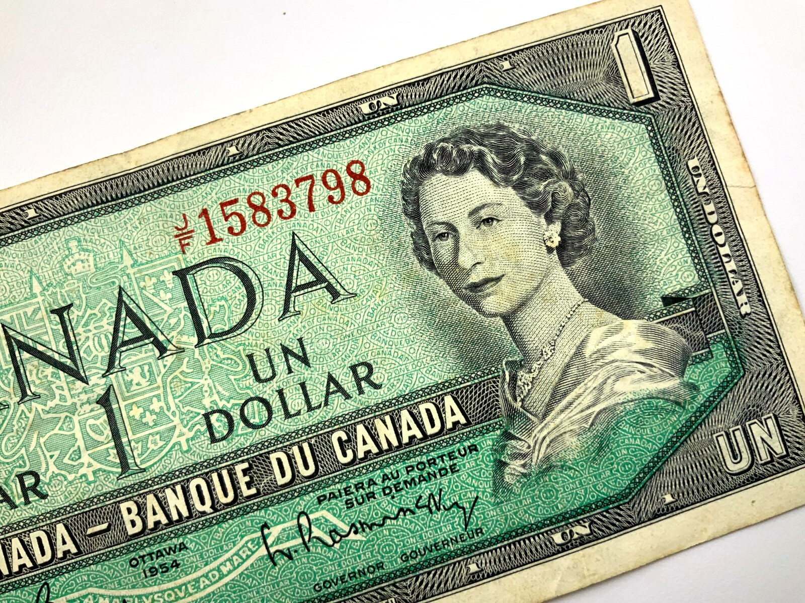 1954 Canada 1 One Dollar Circulated Banknote JF Prefix Bouey Rasminsky Y707