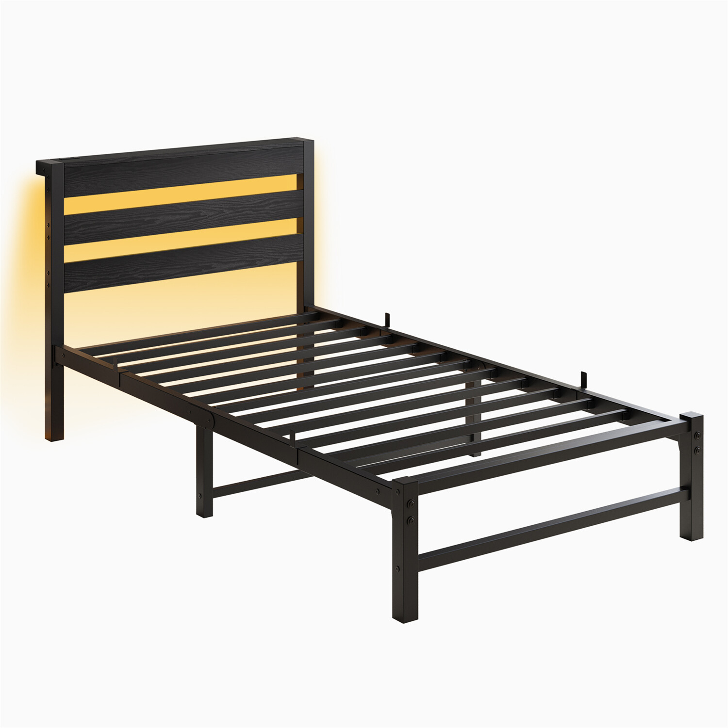 Twin Size Bed Frame Metal Platform Bed with LED Lights & Charging Station US
