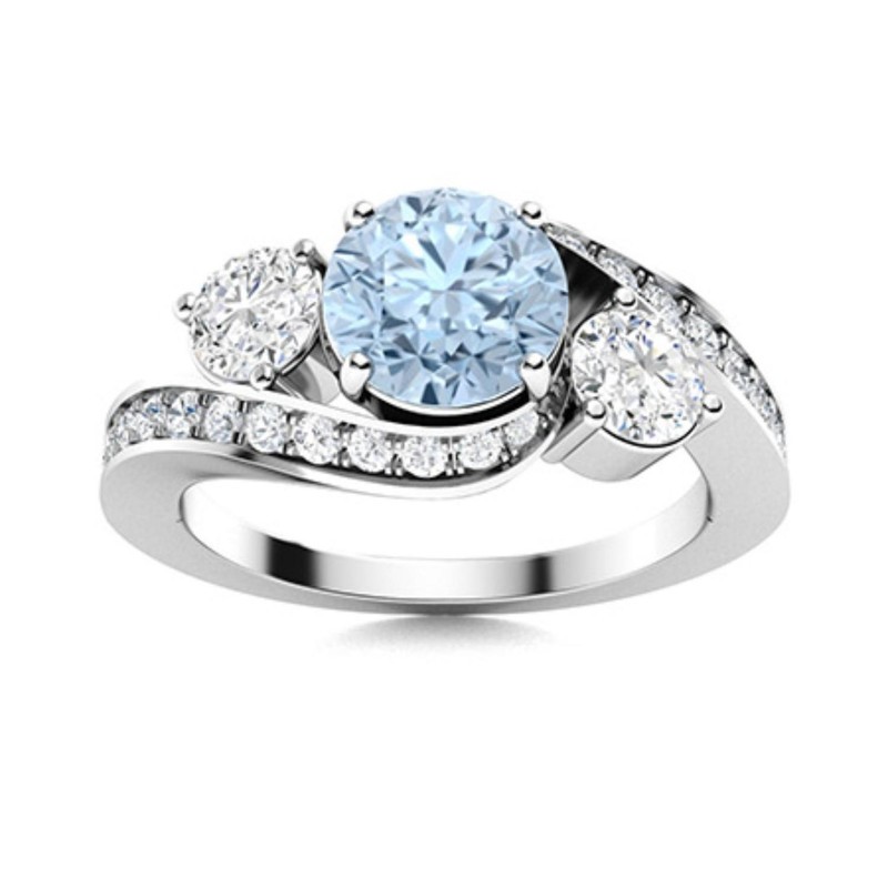 Three Stone Round Aquamarine 925 Sterling Silver Solitaire with Accents Ring