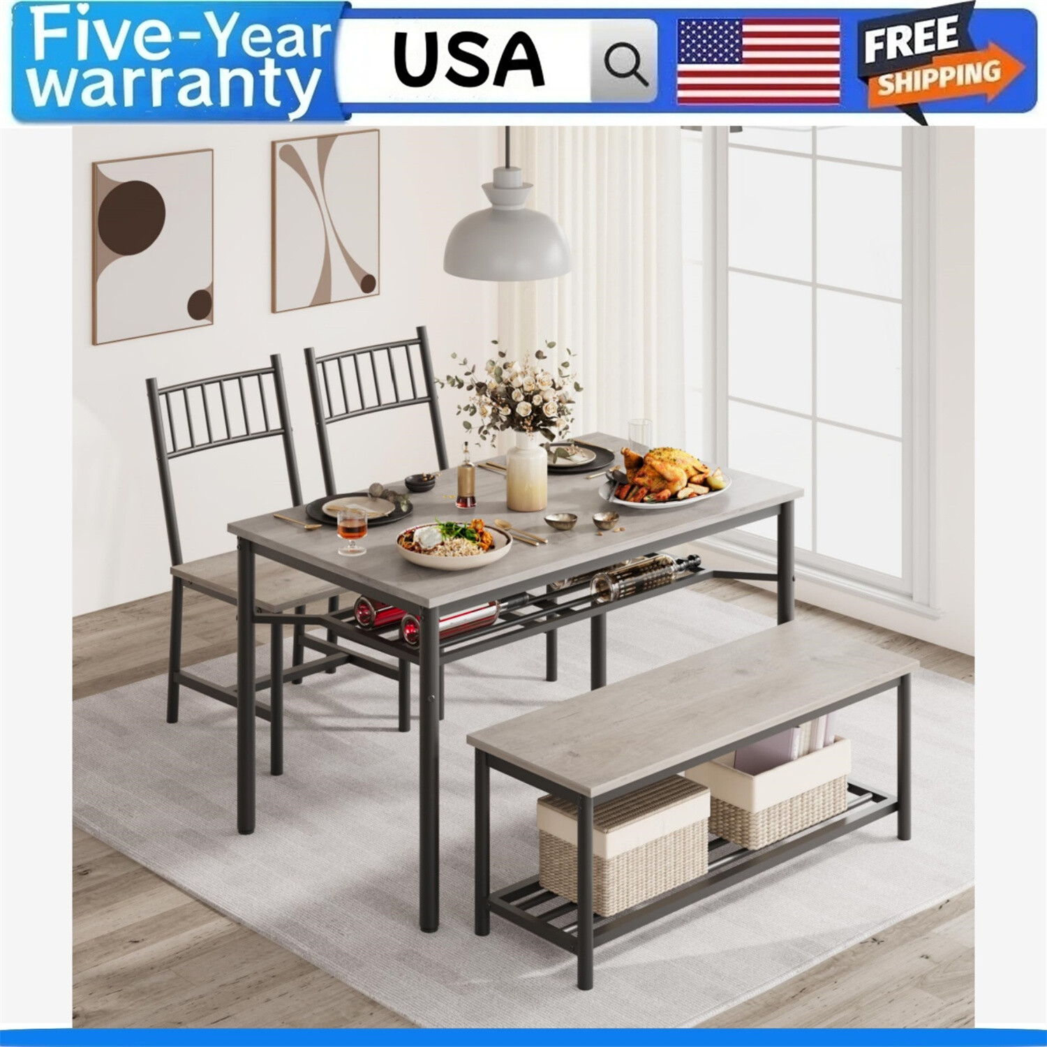 Dining Table Set for 4 Kitchen Table and 2 Chairs with Storage Bench Dining Room