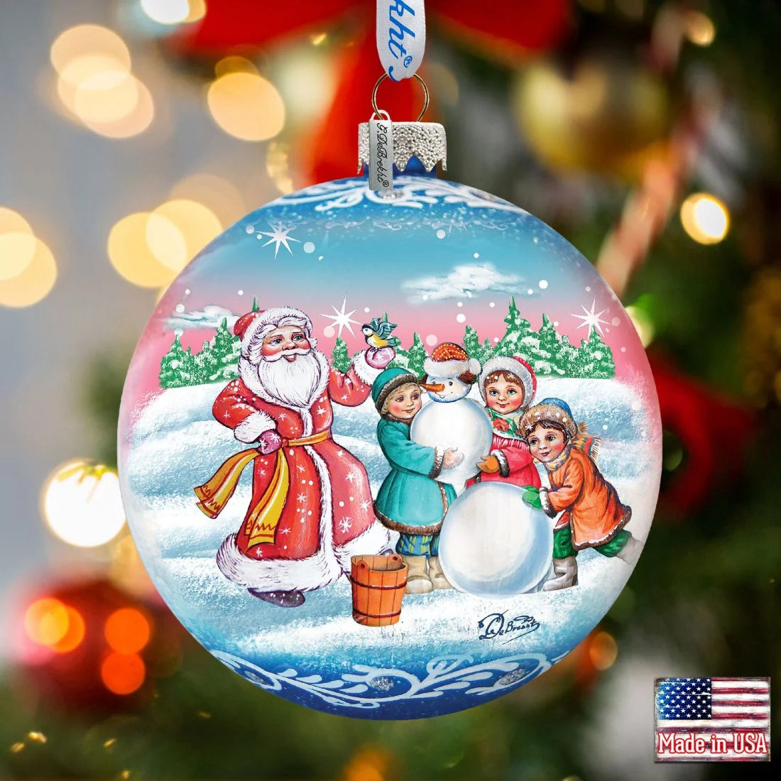 Christmas Village Ball Glass Ornament by G. DeBrekht - Christmas Santa Snowman