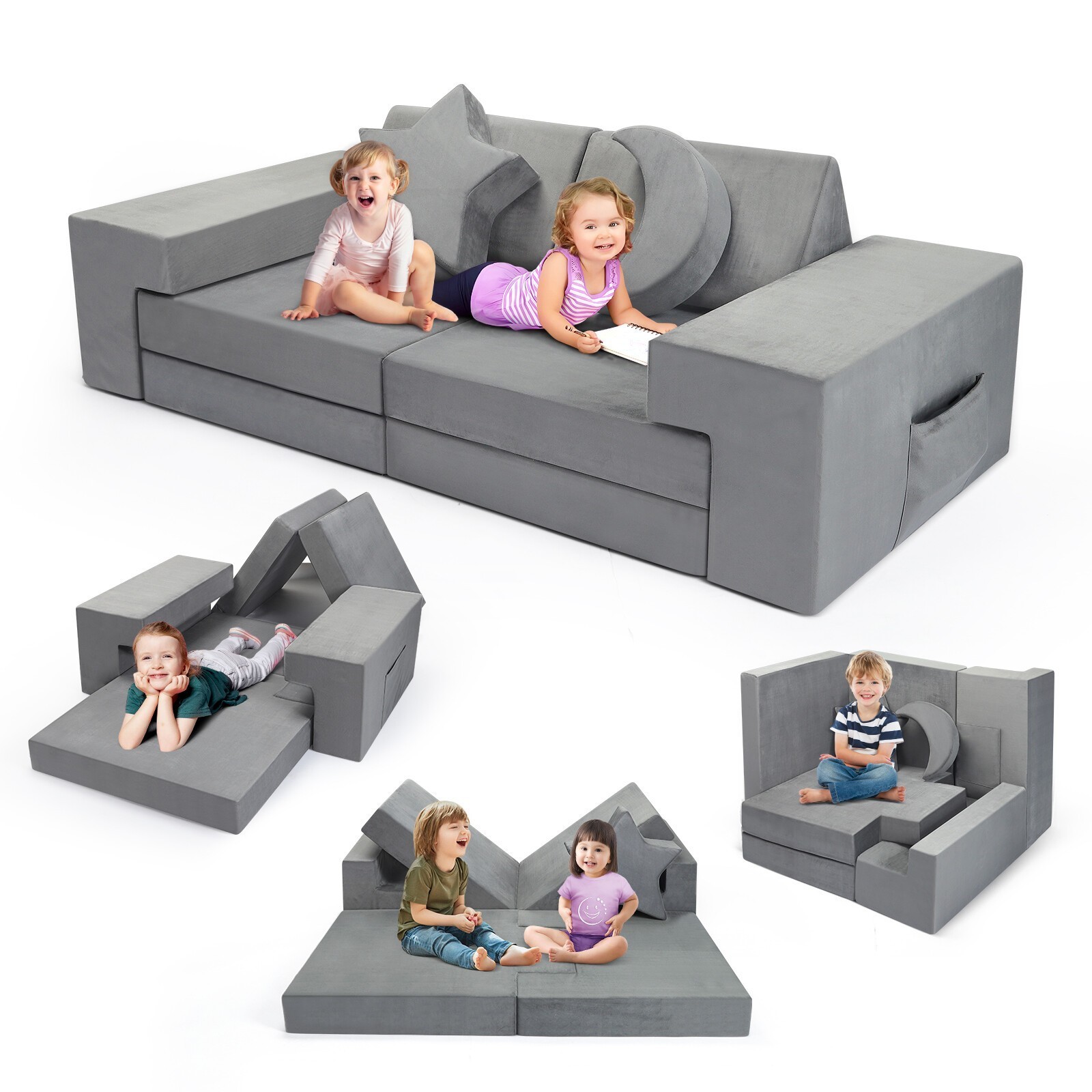 Modular Kids Play Couch for Playroom Bedroom, 9 in 1 Gray, Kids Large Game Toy
