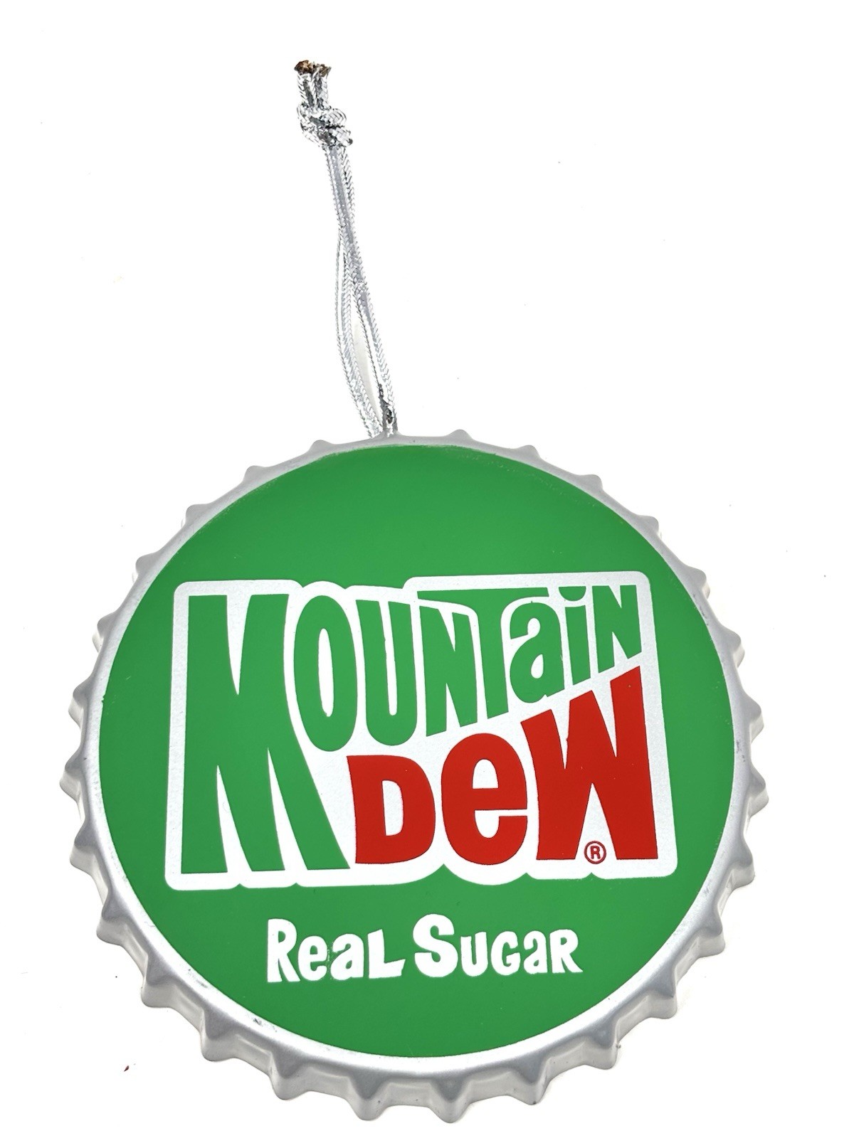 MOUNTAIN DEW REAL SUGAR SODA BOTTLE CAP TIN METAL HANGING ORNAMENT SIGN 5.5"