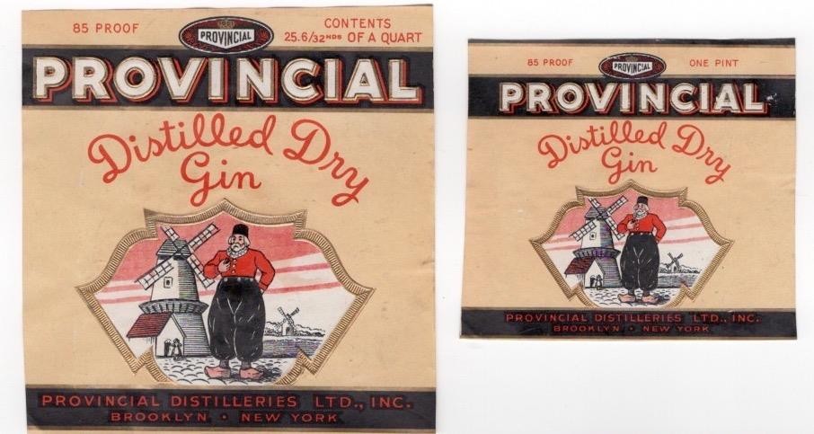 Provincial Distilleries Ltd Brooklyn NY  Dutchman windmill  2 gin labels W137