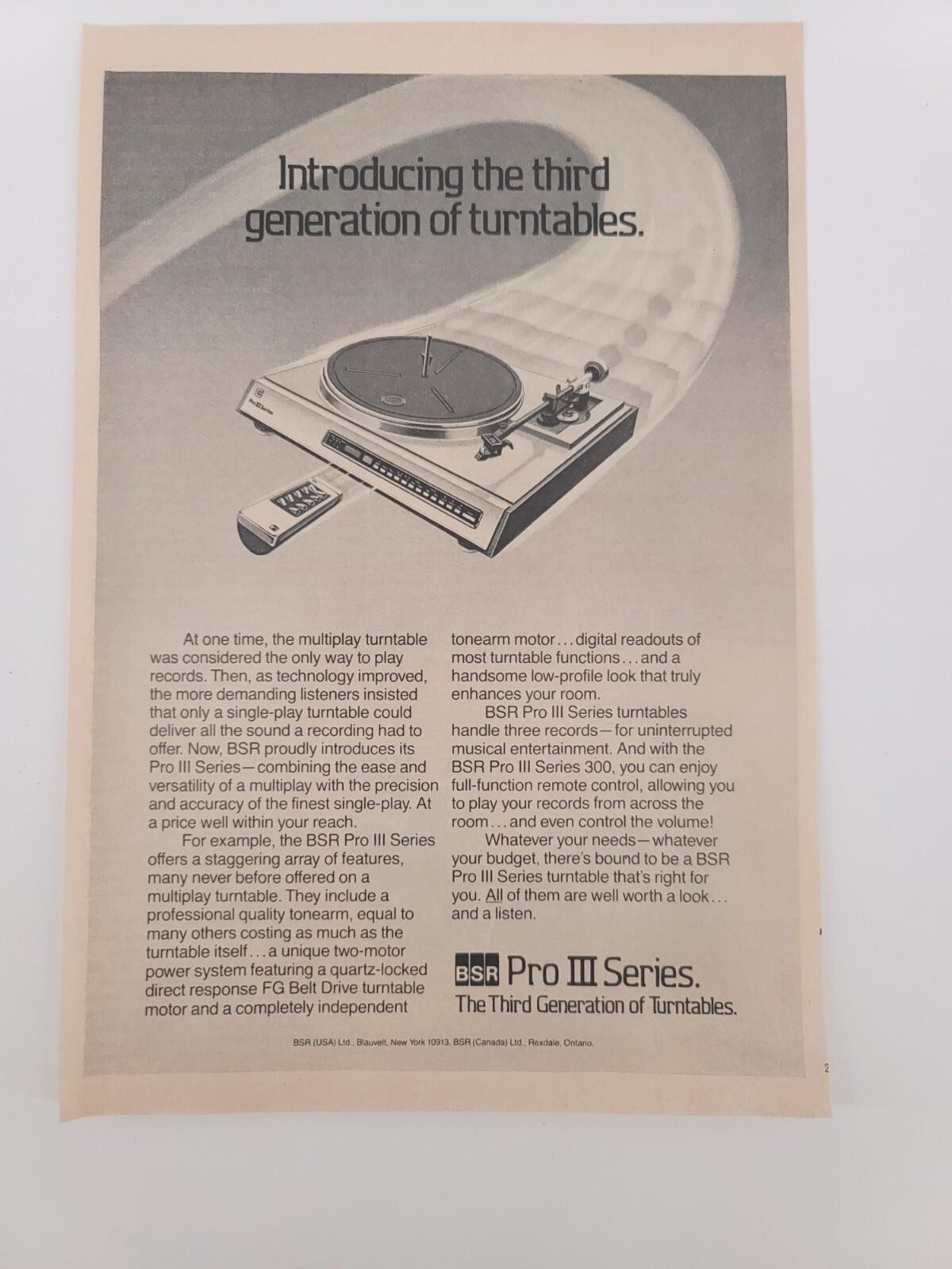 1981 BSR Pro III Series 300 Turntable Print Ad Music