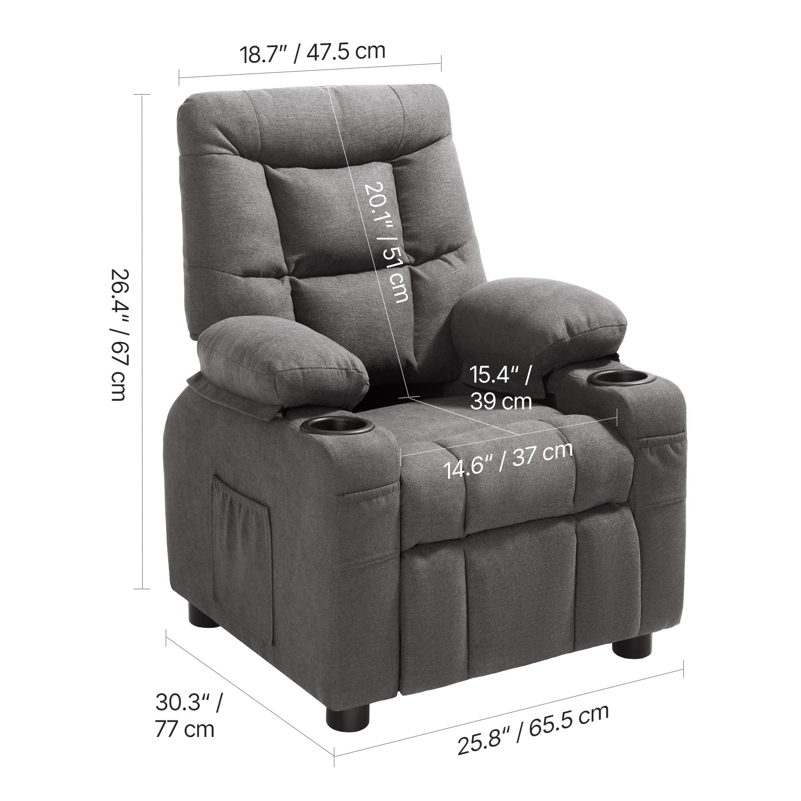 Uimoso Kids Reclining Chair Toddler Recliner with Cup Holders & Pockets (Grey)