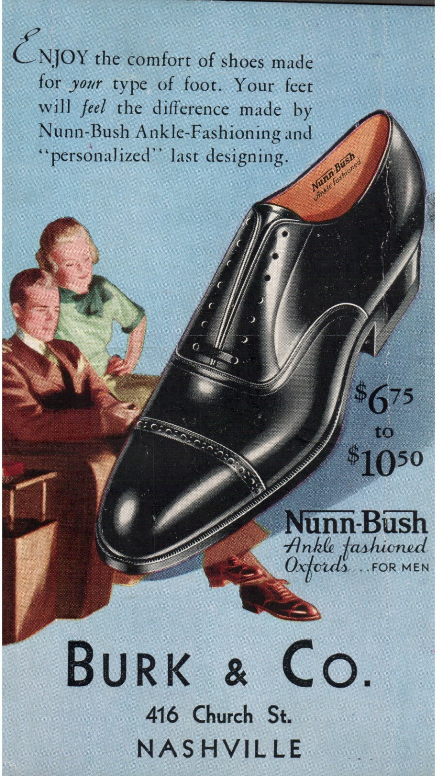 Vintage Advertising Card Nashville TN Burk & Co Nunn Bush Men's Shoes Oxford