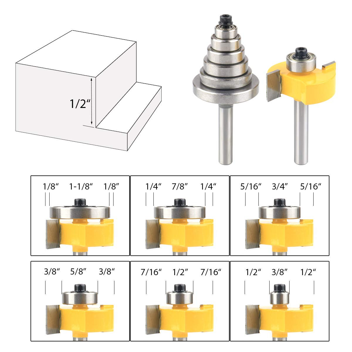 1/4 Inch Shank Rabbet Router Bit with 6 Bearings Set | 1/8", 1/4", 5/16", 3/8",