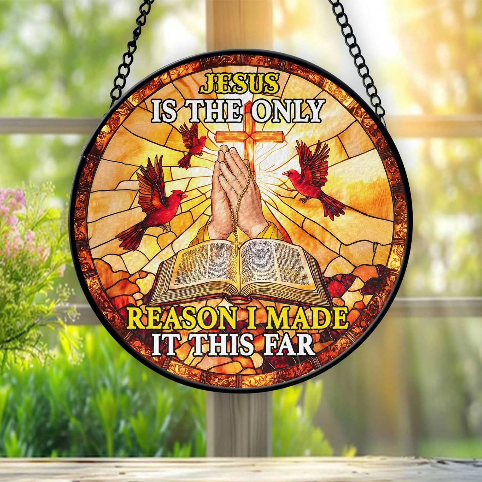 Bible Verse Floral Cross Faux Stained Glass Suncatcher Christian Christmas Gift