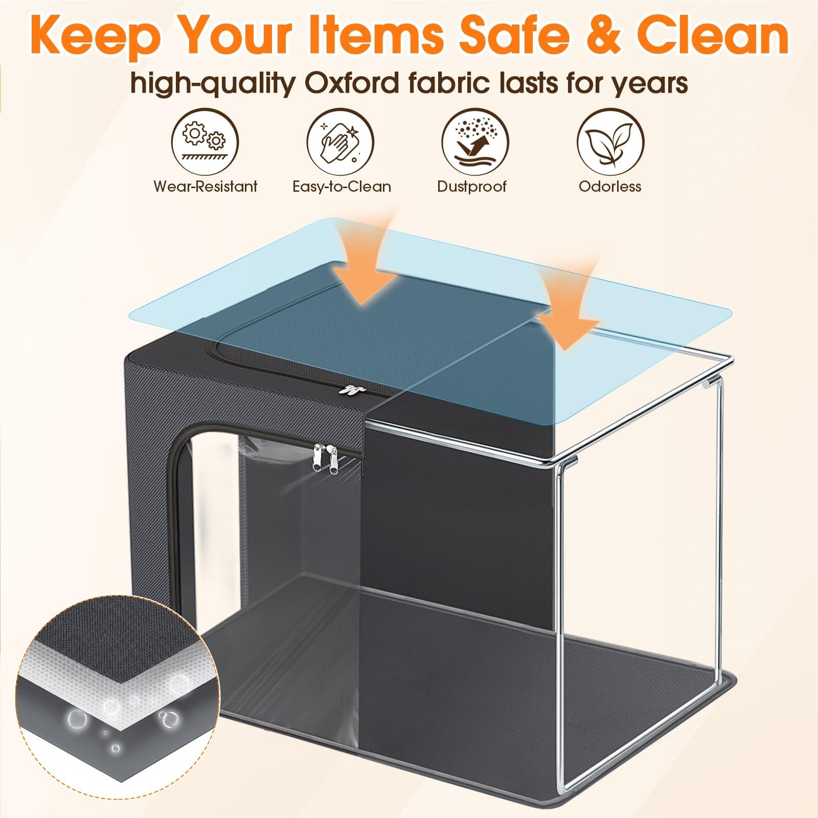 6 Pack Fabric Storage Bins with Metal Frame, 40L Organizer Bags, Clear Window, Z