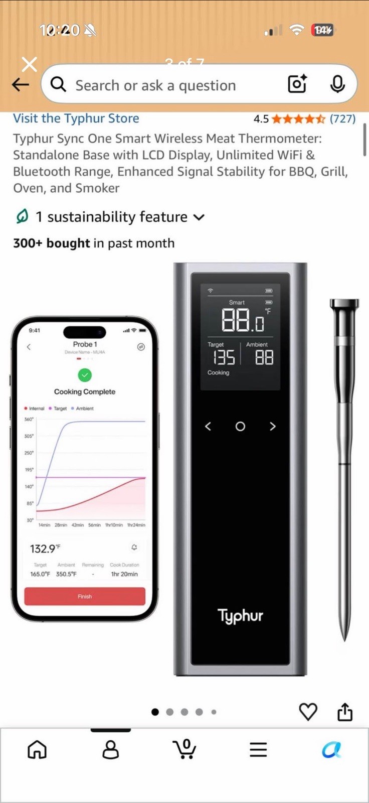 Typhur Sync One Smart Wireless Meat Thermometer Standalone Base with LCD Disp...