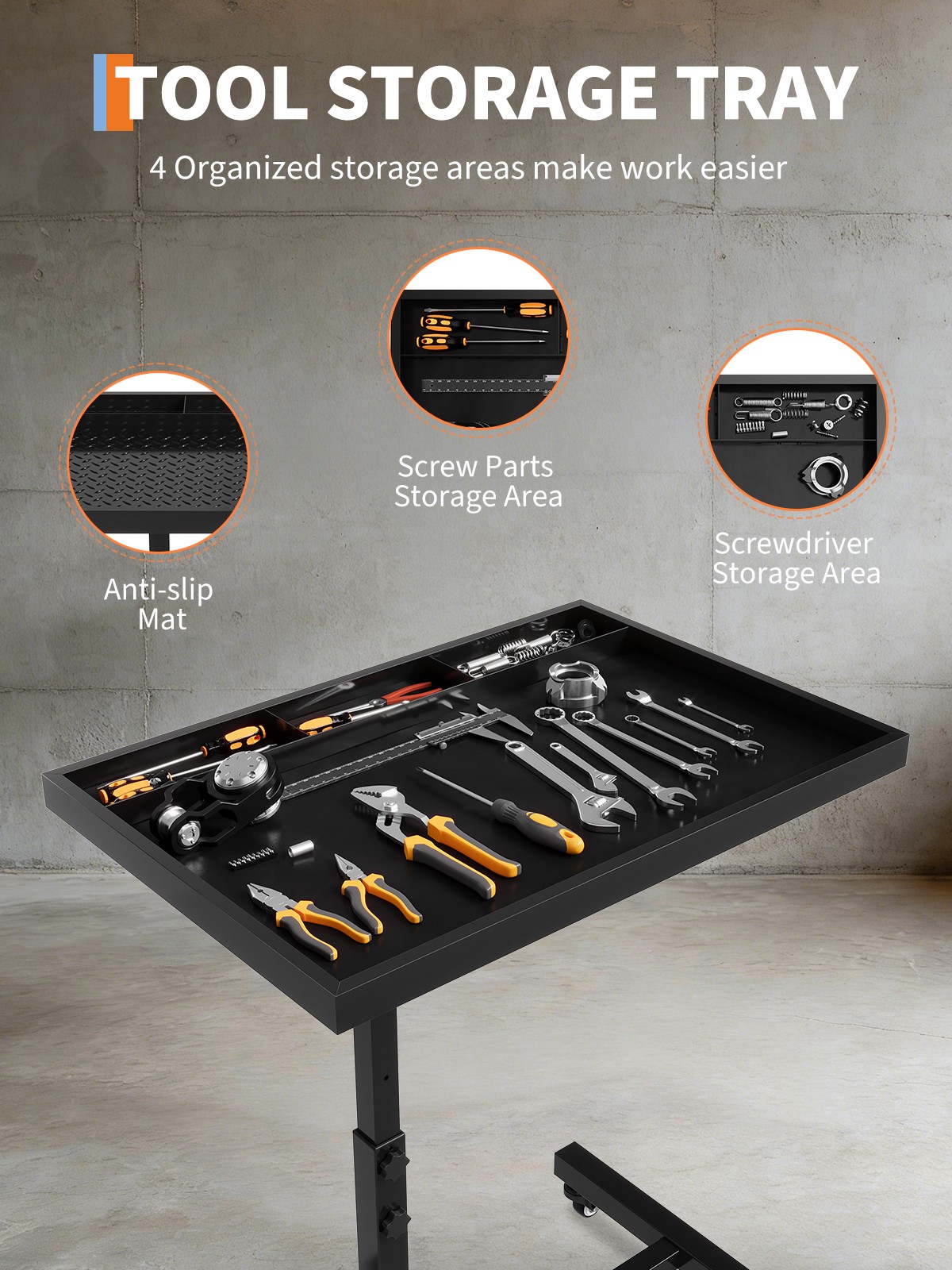Adjustable Rolling Tool Tray Table on Casters 4 Compartments 220 lb for Workshop