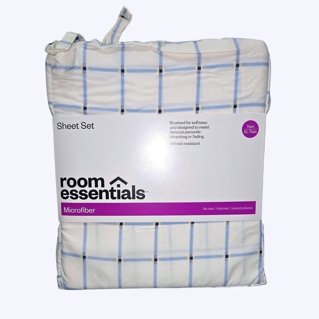 Room Essentials Twin/Twin XL Sheet Set Microfiber Blue White Plaid 3pc New