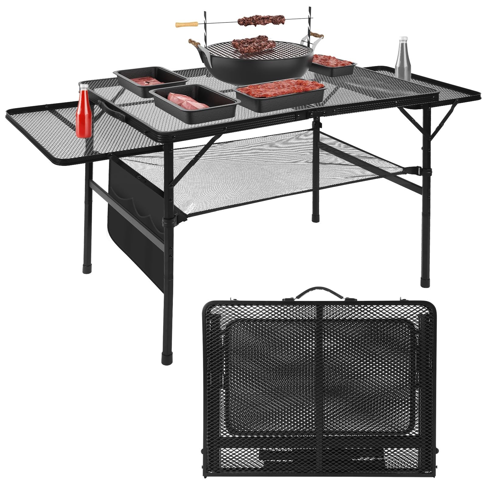 Folding Grill 4.4 FT Portable Camping Table with 2 Wing Panels, Height Adjust...