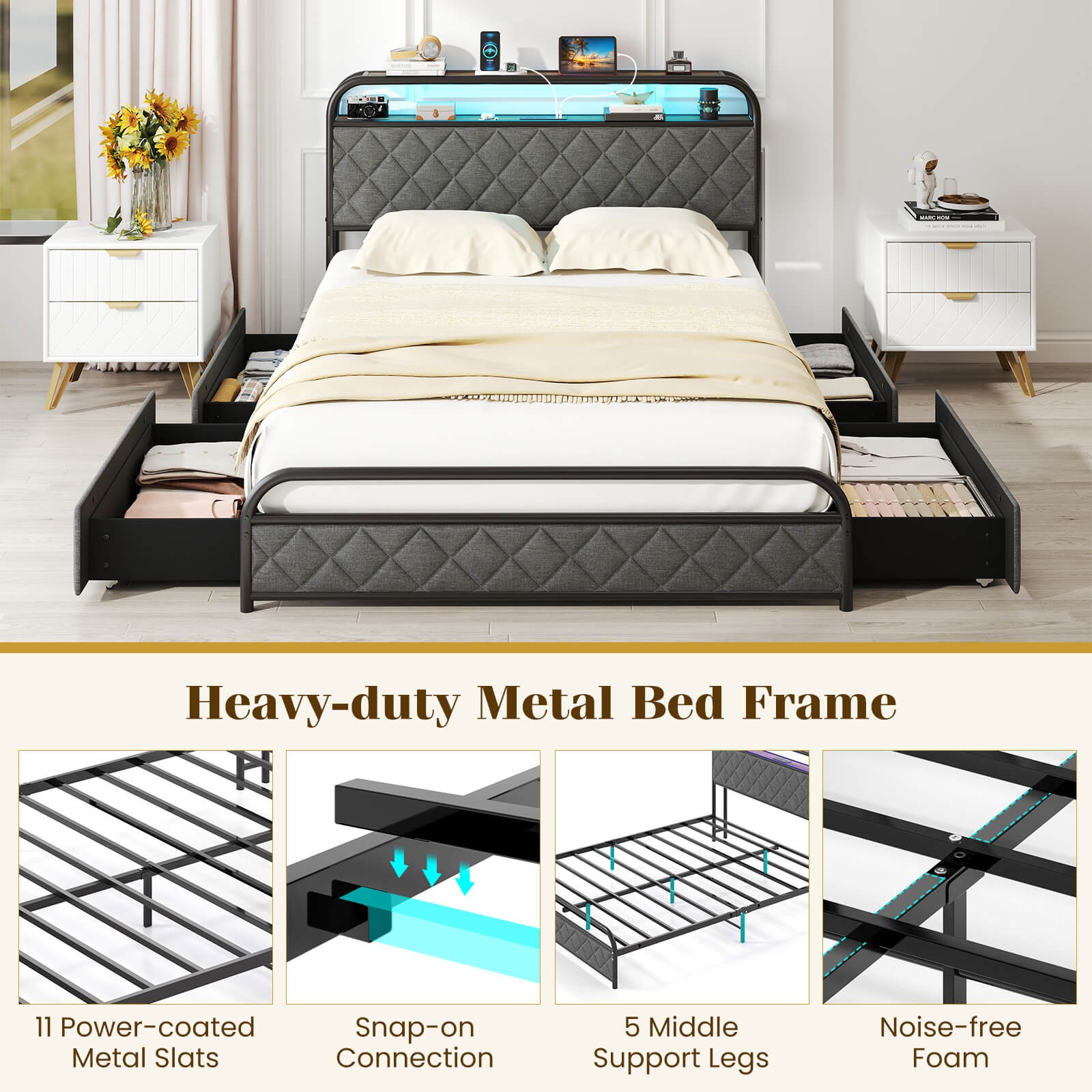 Full Size Bed Frame with LED Lights & Charging Station Storage Headboard
