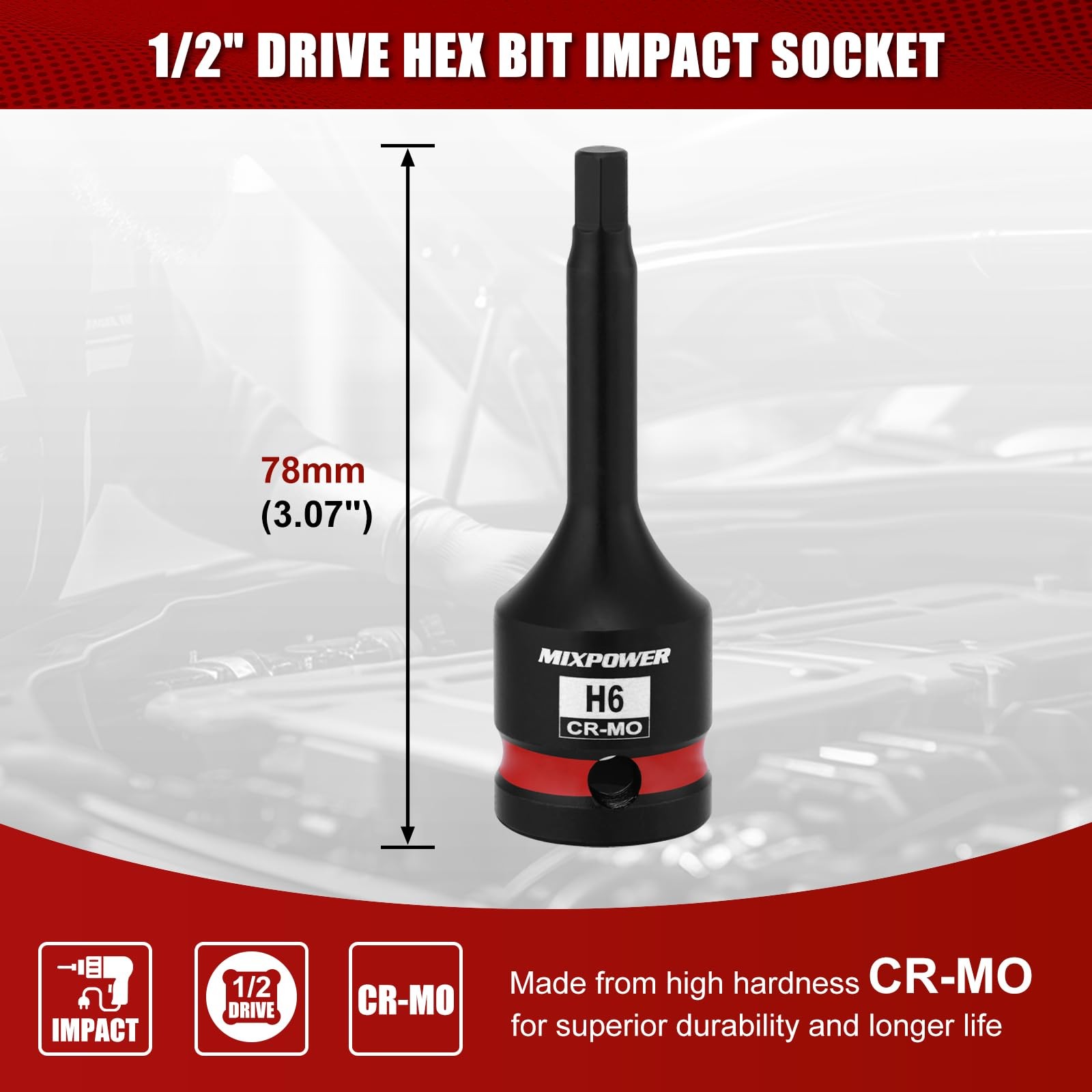 MIXPOWER 1/2" Drive 6mm Hex Impact Bit Socket, Allen 1/2"Dr.6mm