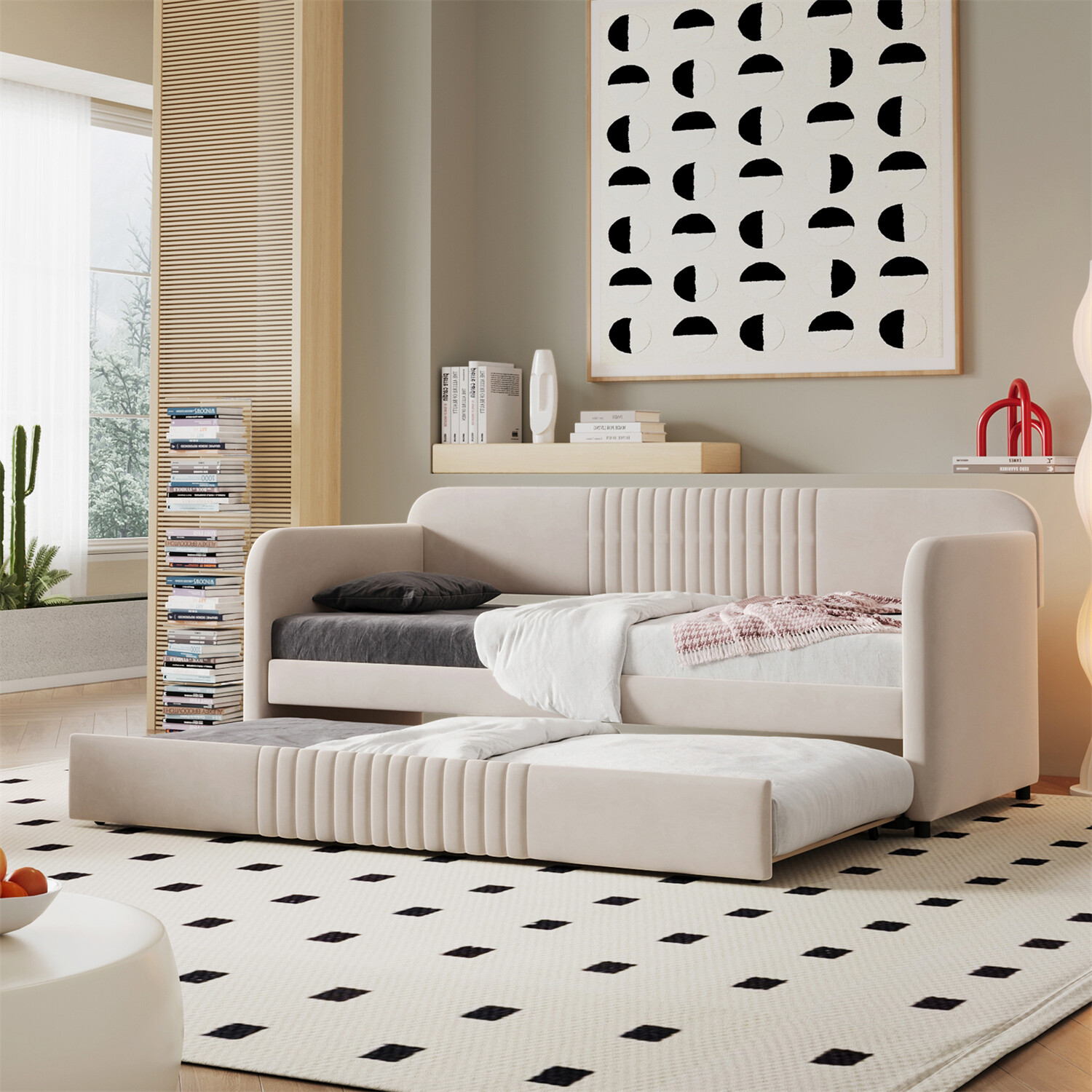 Twin Size Daybed with Trundle Bed Upholstered Bed Frame Sofa Bed Beige/Blue/Gray