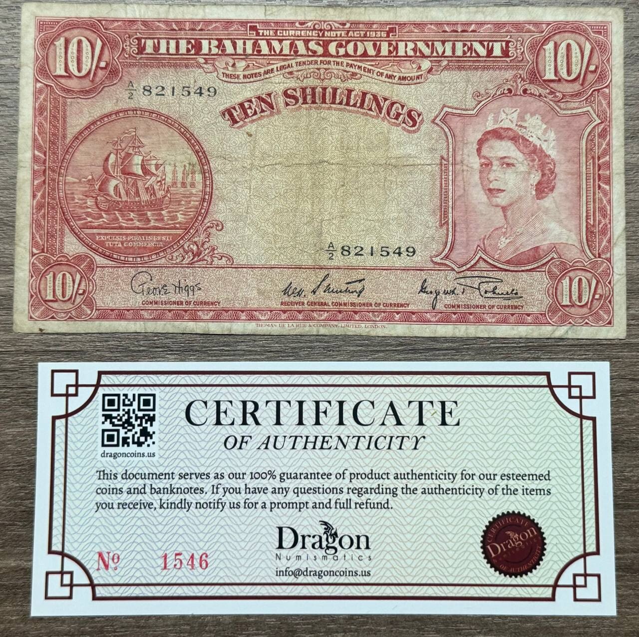BAHAMAS 🇧🇸 GOVERNMENT 10 SHILLINGS ND 1963 QEII CIRCULATED PAPER NOTE BILL